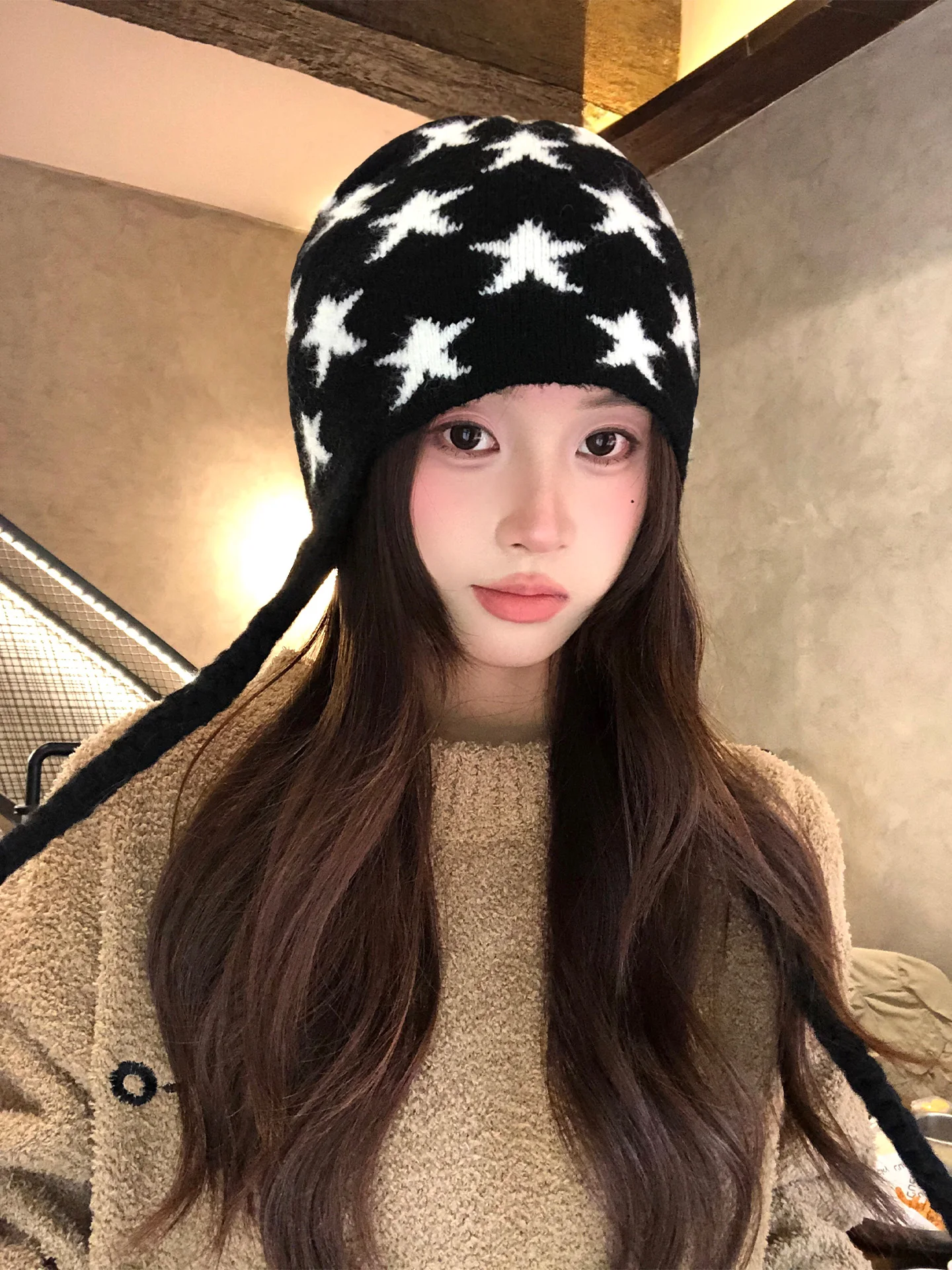American Retro Knitted Star Hat Women's Autumn Winter Warm Ear Protection Large Head Circumference Versatile Knitted Wool Caps