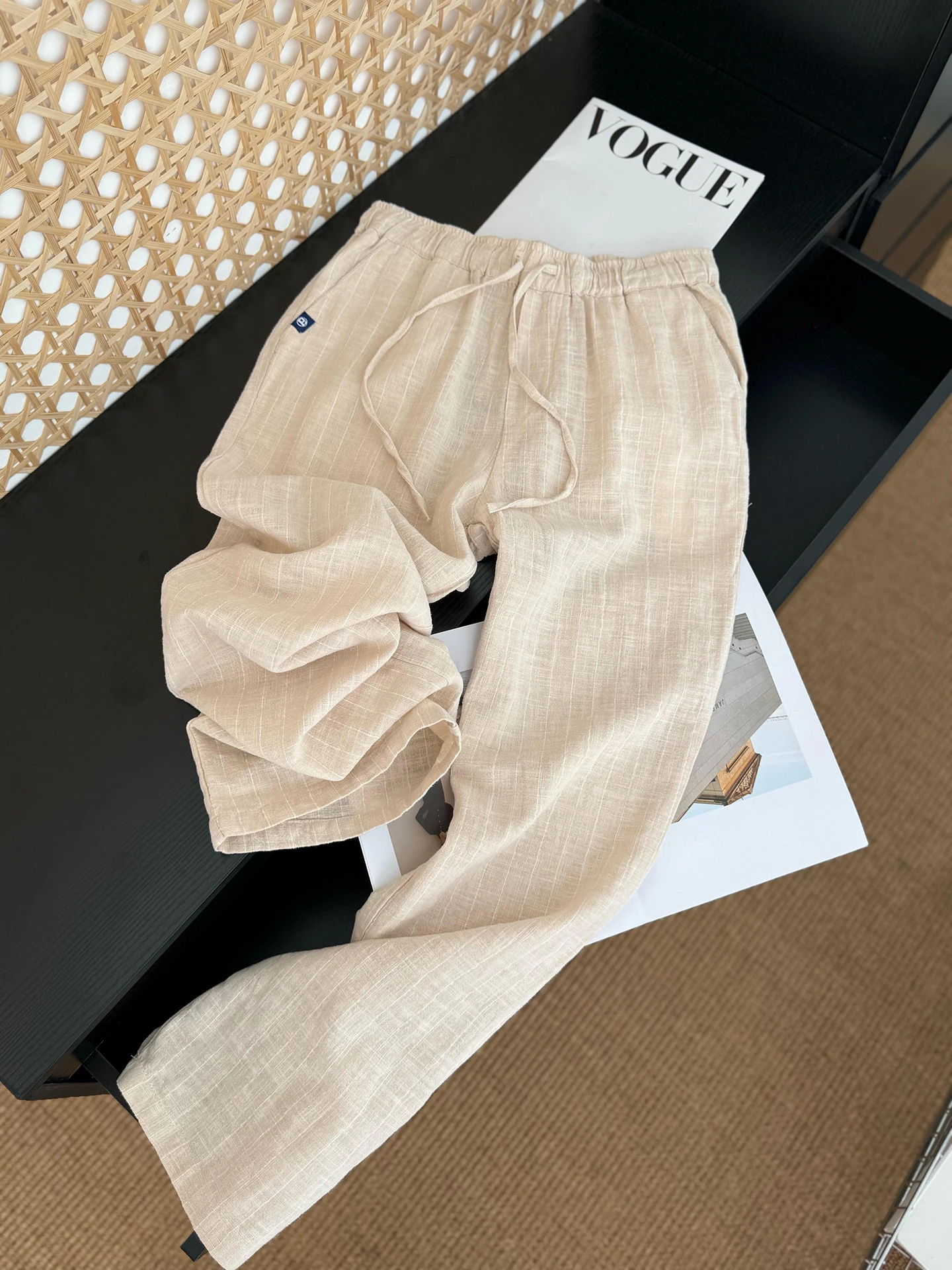 Men's Khaki Stripe Linen Casual Pants Spring Summer Thin Breathable Cleanfit Straight Cotton Pants Comfortable Leisure Trousers