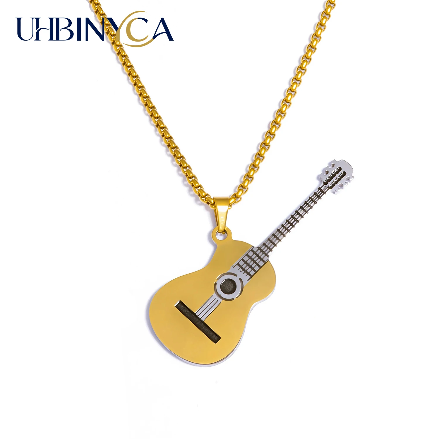 Guitar Pendant Necklace - High Polished 18K Gold Plated Stainless Steel, Adjustable 50+5cm Music Lover Jewelry Gift for Women