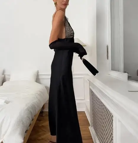 

2026 Summer New Sexy V-Neck Lace Splicing Dress for Women Temperament Fashion High Grade Elegant Slimming Long Dresses