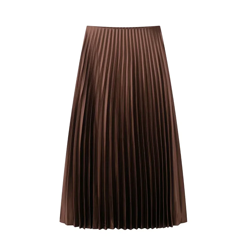 Elegant Spring Party Midi Skirts for Women Mid-Waist Pleated Fashion Casual Vintage Beige Brown Long Skirts