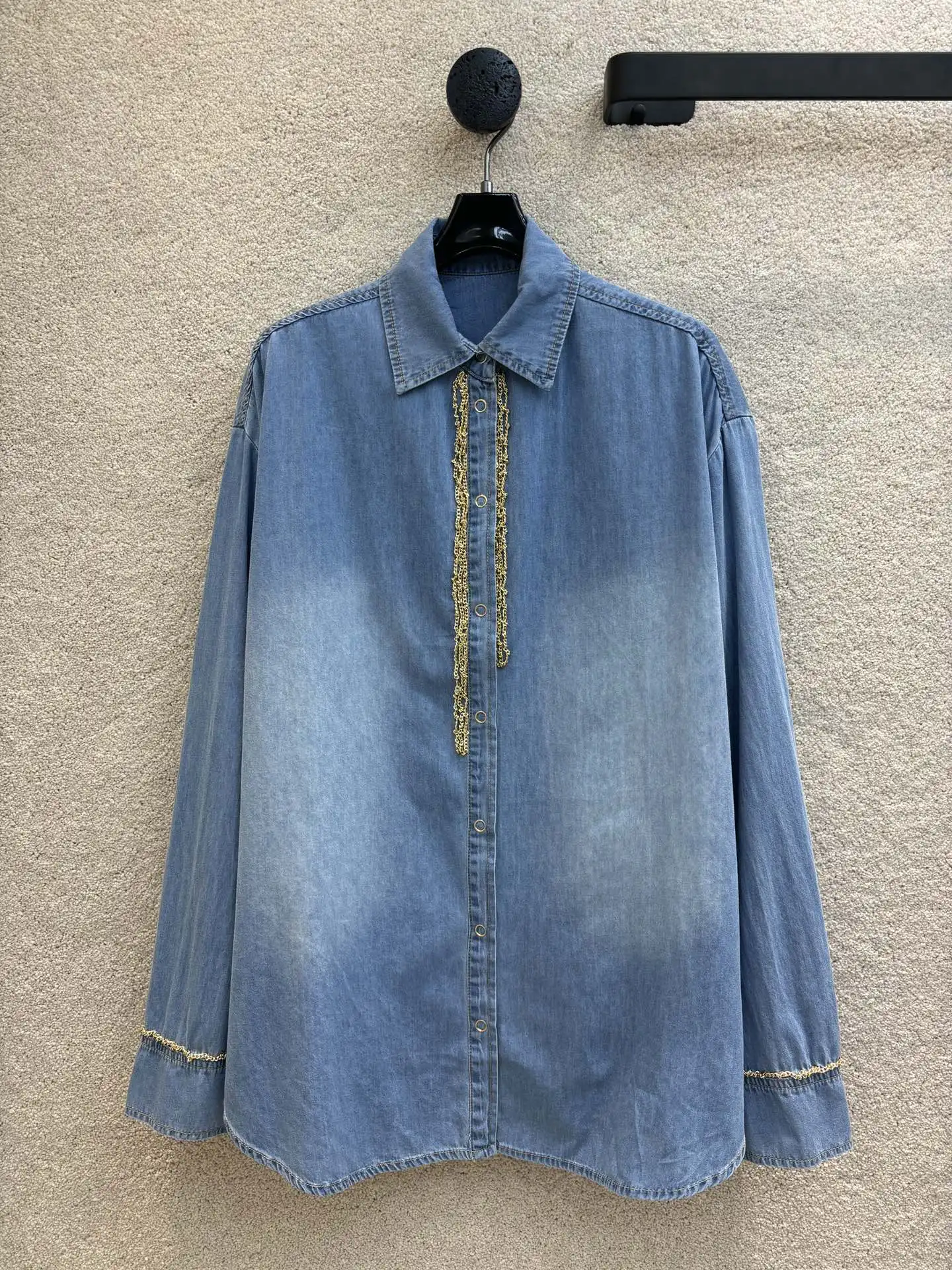 2024 Summer and Autumn New High Quality Women's Clothing Chain decoration lapel denim shirt+elastic waist straight leg jeans0719