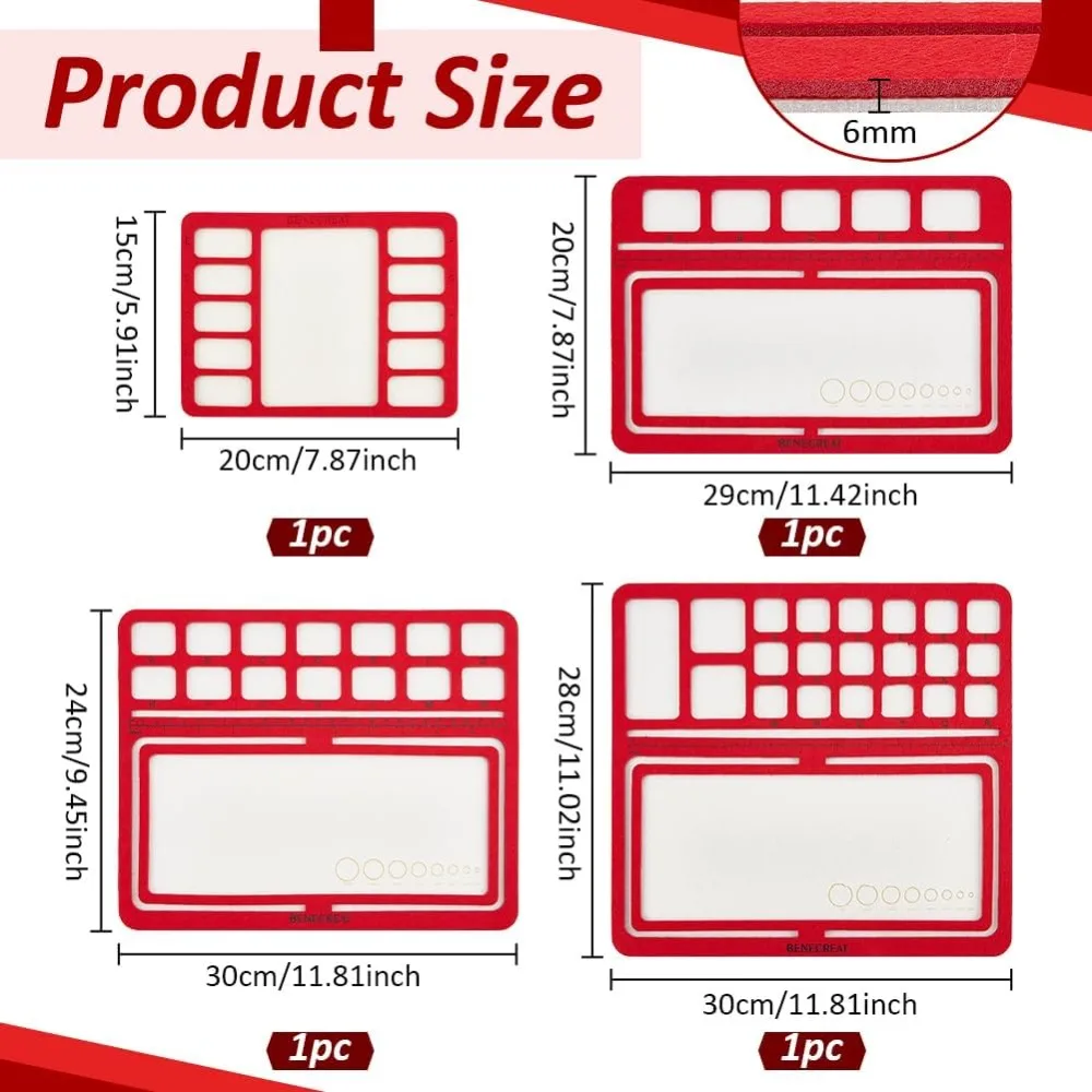 4 Styles Red Felt Beading Mat, Hard Back Bead Tray with Grids DIY Beading Bead Pads, Bead Design Boards for Art Crafts Jewelry