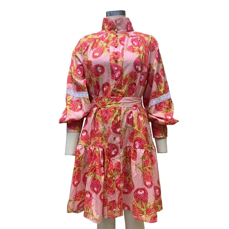 Robe bohème à lacets imprimée élégante pour femme, manches bouffantes, taille haute, col montant, boutons, robes rétro, fête de la mode, éducatif, automne