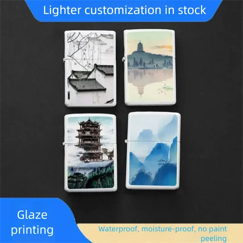New Chinese Style Kerosiene Grinding Wheel Lighter Retro Style Metal Windproof Lighter Landscape Pattern Can Be Customized