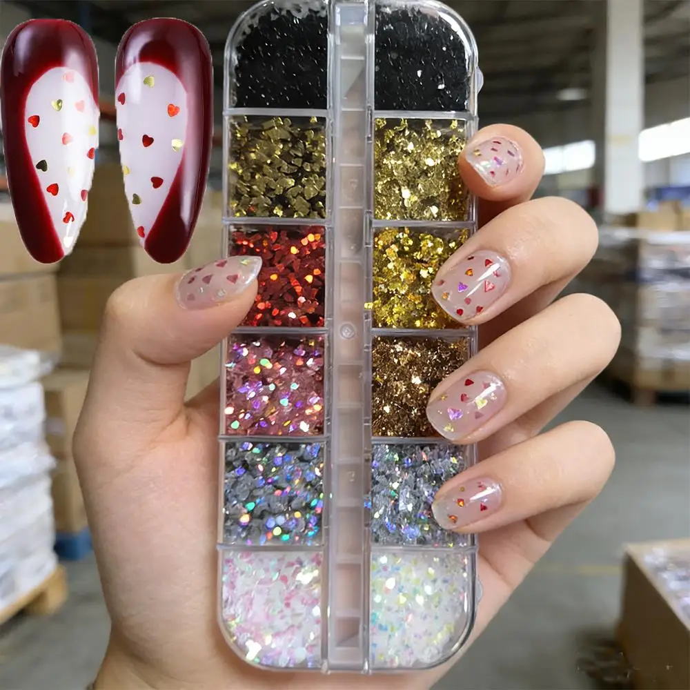 12 grilles de mini paillettes 3D en forme de cœur et d'étoile pour nail art, 1 mm, holographiques, pentagrammes, flocons et paillettes en forme de cœur pour décorations d'ongles