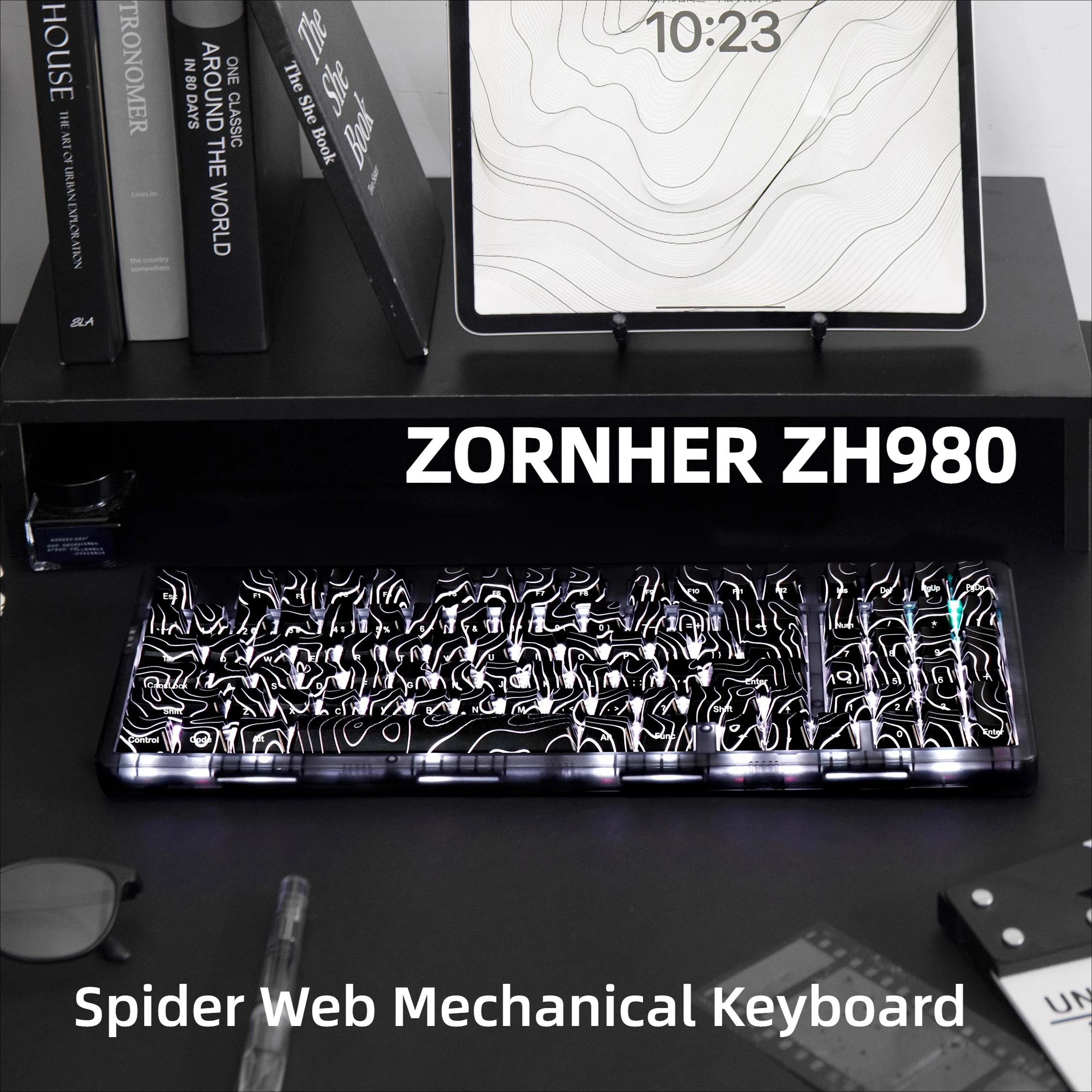 

ZORNHER ZH980 Spider Web Mechanical Keyboard Gaming Wireless 2.4GBluetooth Custom Office HIFI Mute Unique Cobweb Design Keyboard