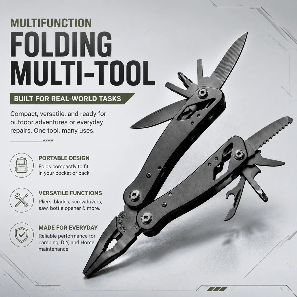 9-in-1 Multi-Function Tool Clamp: Portable Mini All-in-One Pocket Tool with Main Blade/Cross/Flathead Screwdriver/Wire Cutters/Bottle and Can Opener. Daily EDC Gear, Suitable for Outdoor Camping, Hiking, Survival, Home Repair, and Everyday Use.