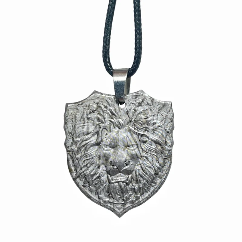 Muonionalusta Iron Meteorite Pendant Hand Carved Lion Head Shield Pattern Necklace Collectible Mineral Jewelry - LK319