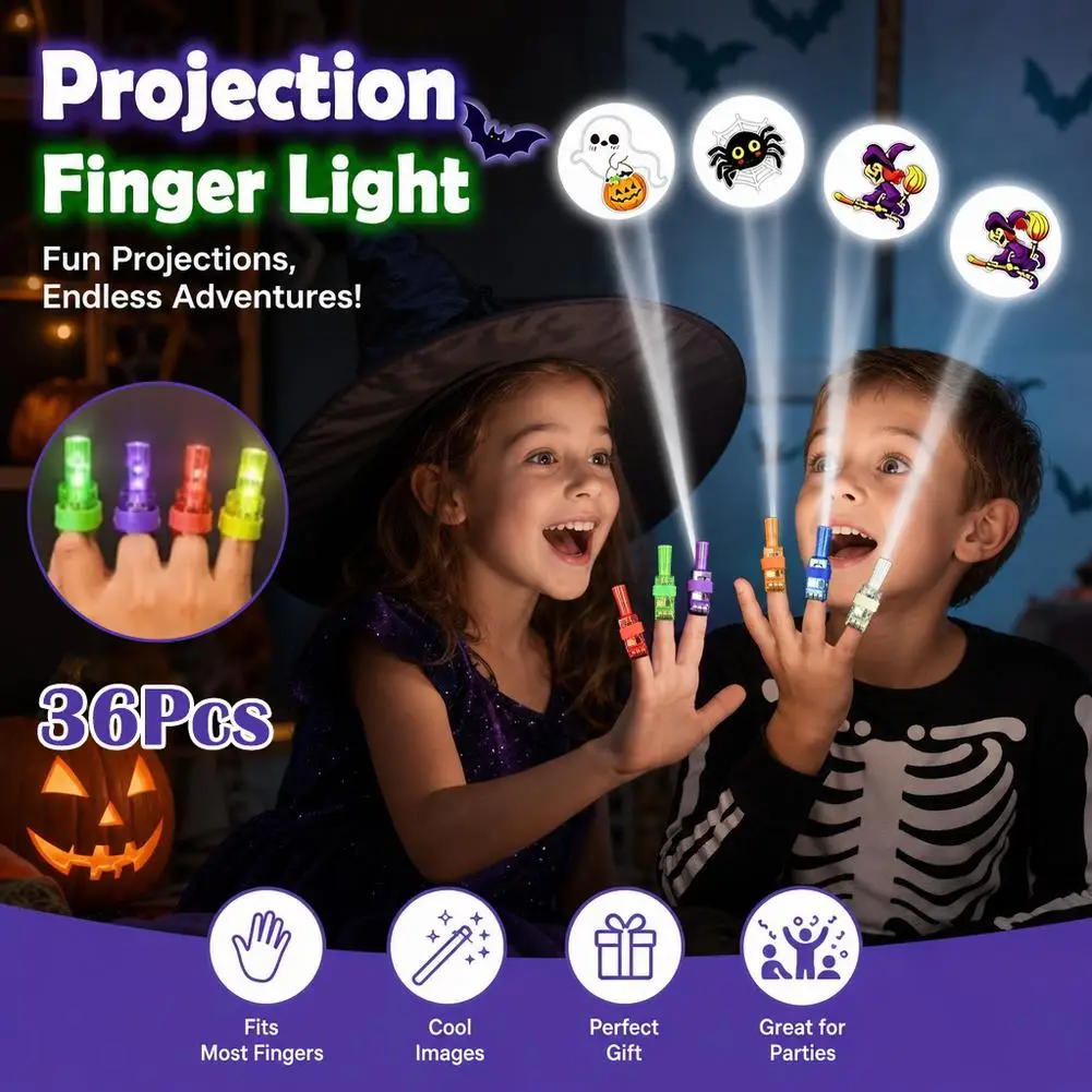 36pcs/set Halloween Projector Finger Lights Pumpkin Ghost Pattern Light Christmas Easter Flash Color Random