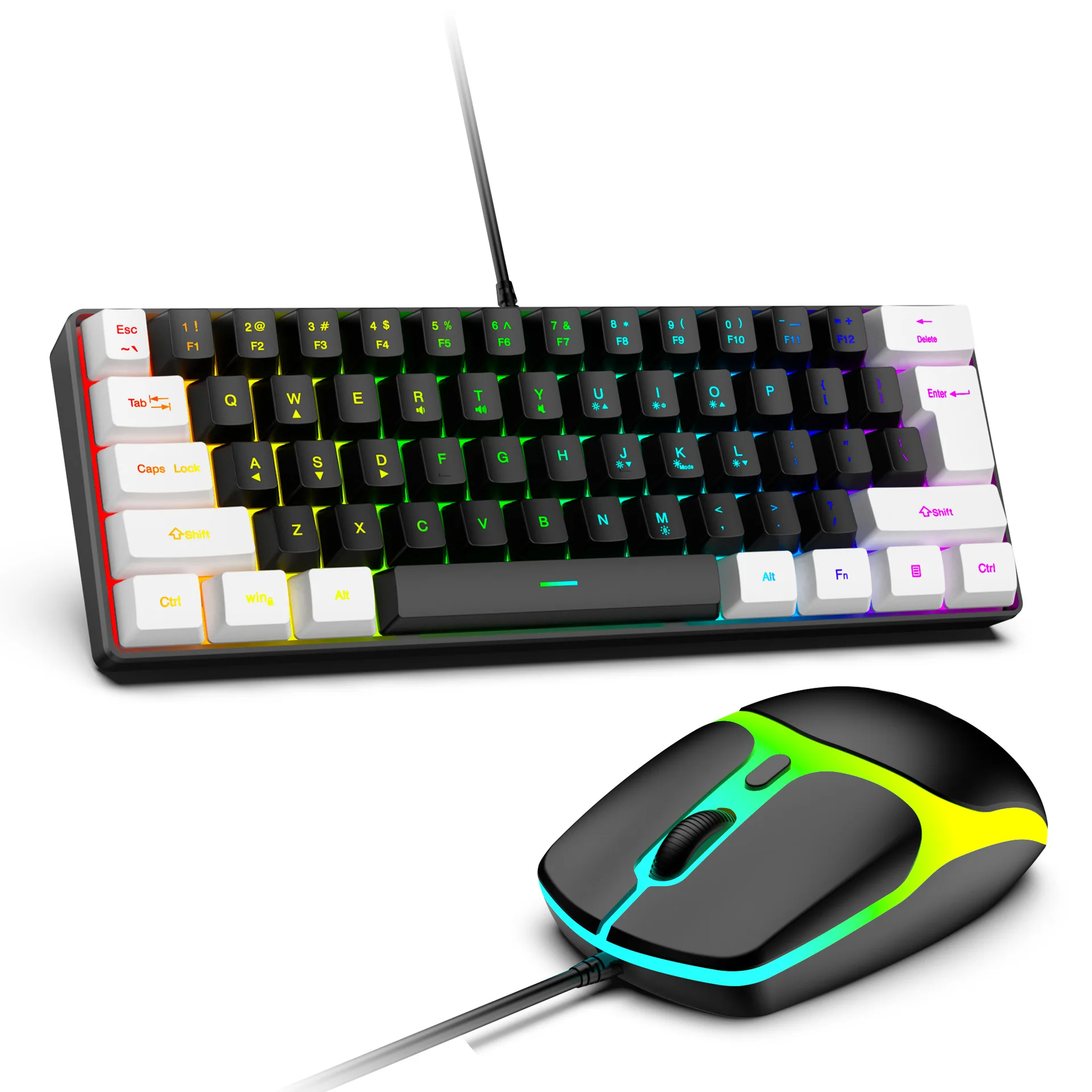 61 Keys RGB Gaming Wired Keyboard Mouse Set Colorful Mini Compact Black White Computer Keypad Mice Set for Office PC Gamer