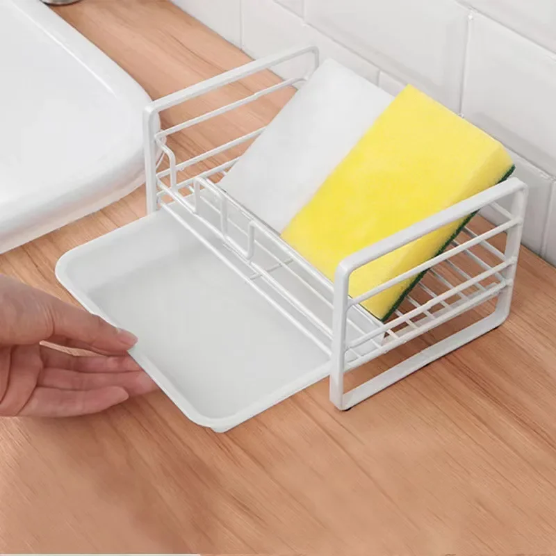 Sturdy and Durable White Mental Sponge Holder for Kitchen Sink Over The Sink Dish Drainer Drying Rack