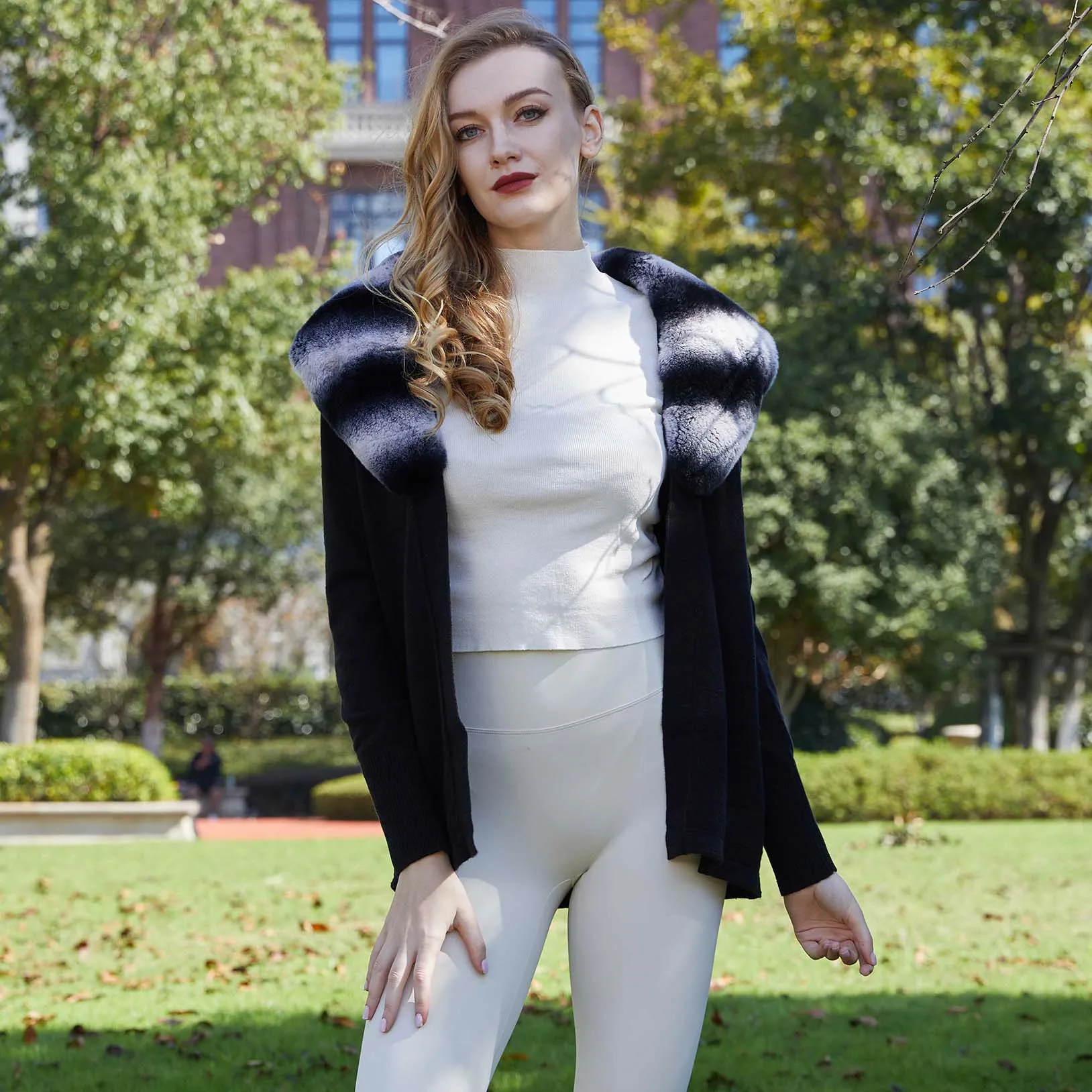 

Knitted Cardigans Sweater With Big Front Fur Real Rex Rabbit Chinchilla Color Trim Collar Autumn Winter Jumpers Jacket