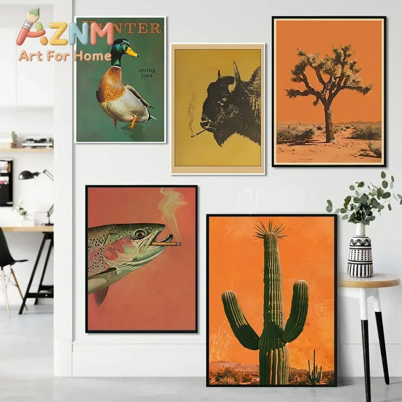 Vintage Animal Wall Art Set Smoking Deer Cat Poster Retro Western Desert Cactus Canvas Print Eclectic Home Decor Aesthetic Gift