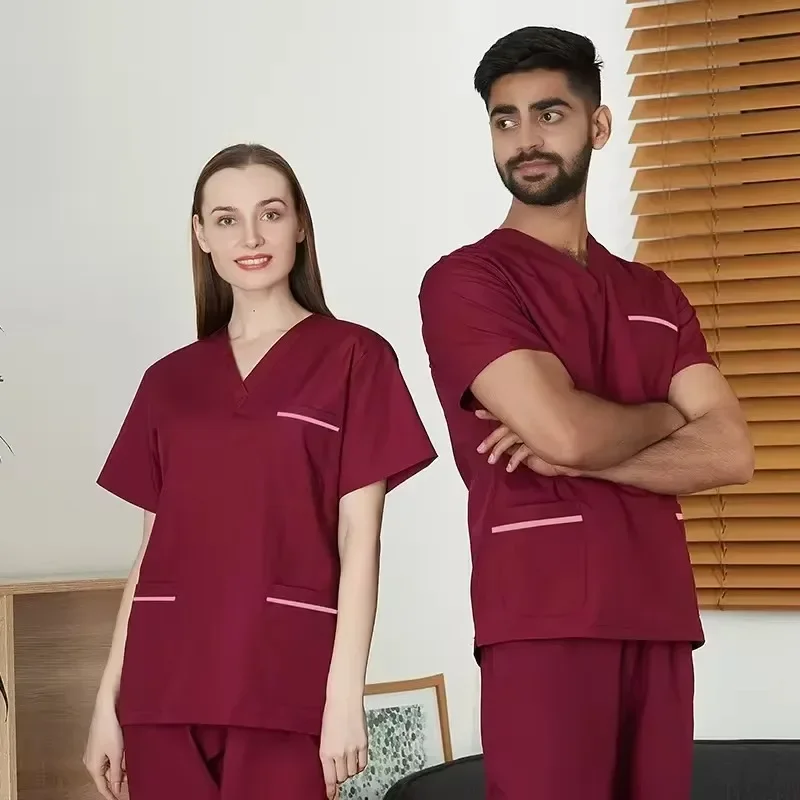 

Wholesale High Quality Scrub Set Nurse Workwear Scrubs Nursing Uniforms V Neck Women Men Solid Color Doctor Working Suit Cheap