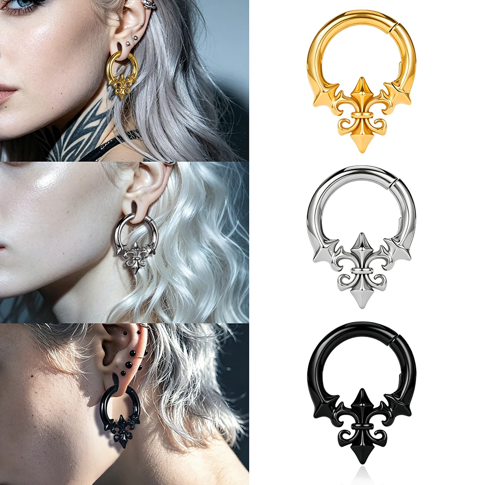 Vanku 2PCS Hypoallergenic  Dangle Ear Gauges Hoops, Stainless Steel  Ear Tunnel Stretchers, Gothic  Fleur-de-lis  Expander