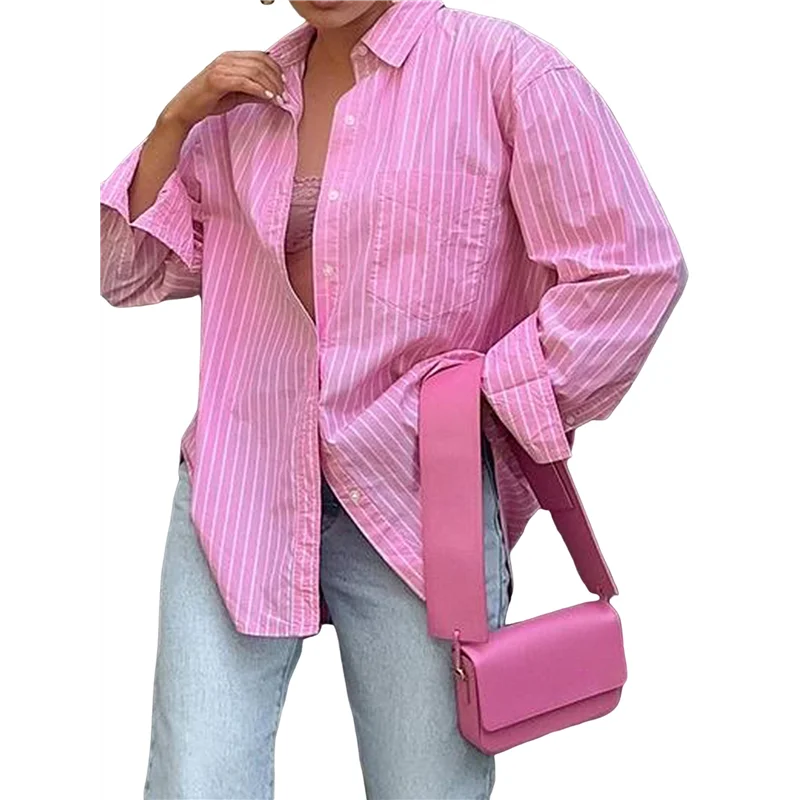 

ABRT-Womens Shirts Button Down Stripe Long Sleeve Blouse Fashion Casual Tops 2025