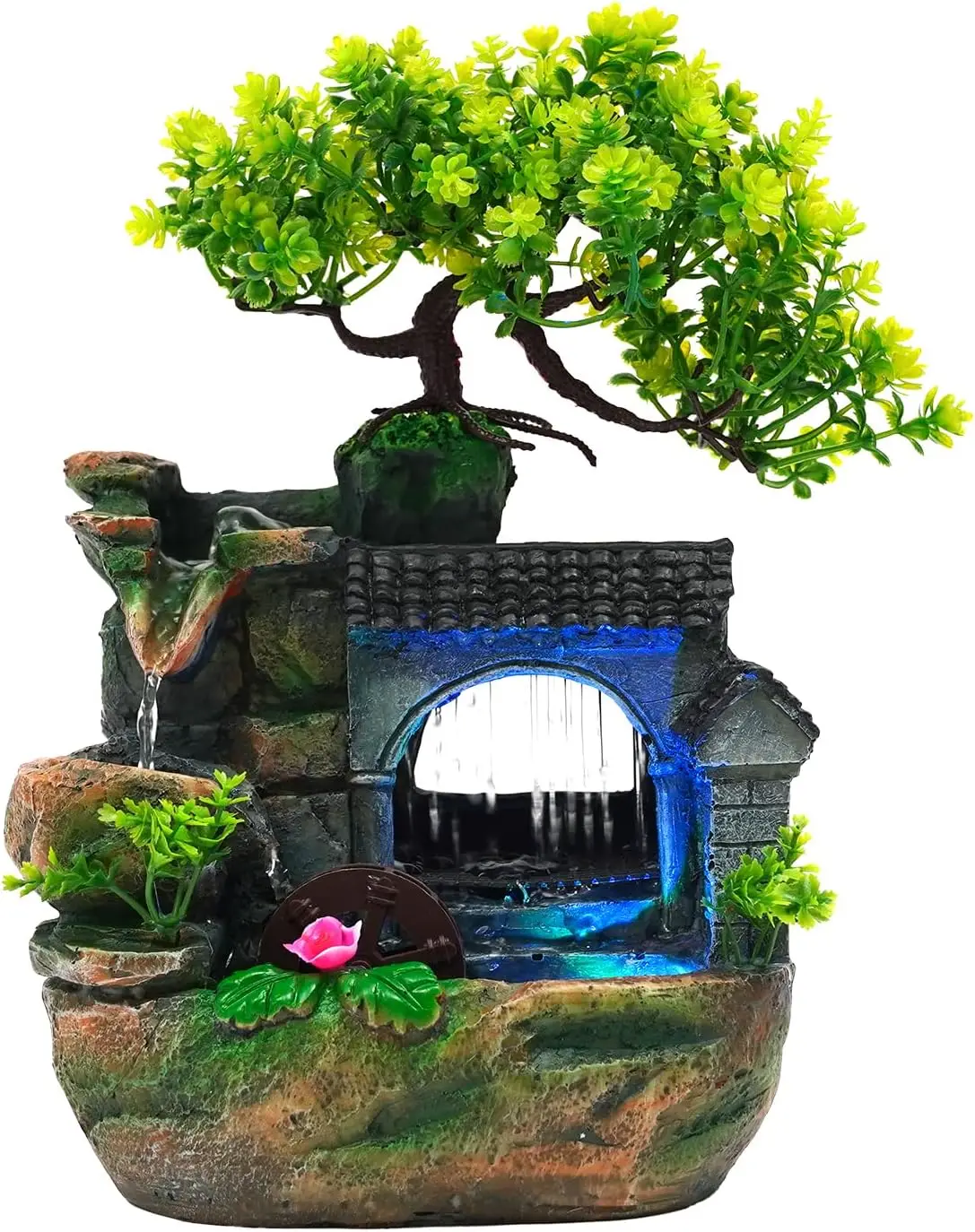 

Mini Rockery Waterfall Fountain with LED Light & Bonsai, Desk Humidifier Décor for Office & Bedroom