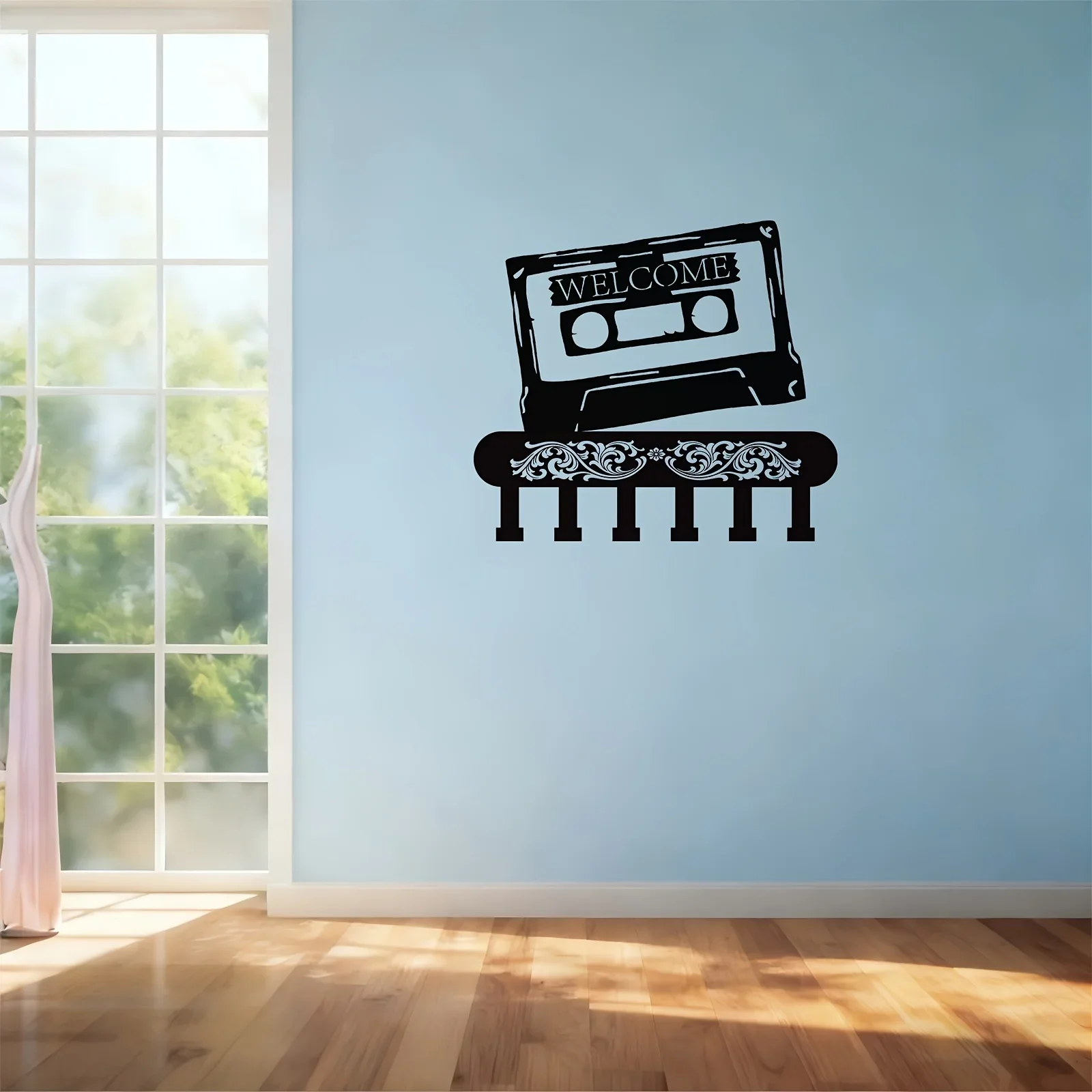Quaint Cassette & Piano Keyboard Metal Wall Hanging,2D Flat Laser‑Cut Silhouette,Weather‑Resistant Iron Wall Mural,Living Room