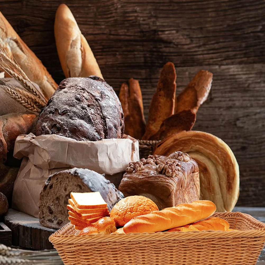 

2pcs Fruit Vegetable Basket Rectangular Woven Tray Snack Serving Plate Kitchen Storage Organizer Imitation Rattan Tableware