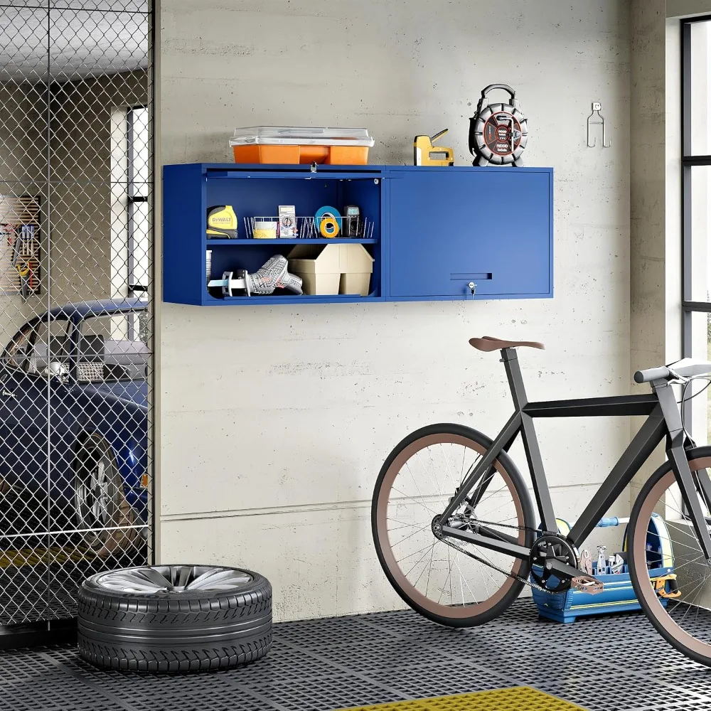 ロック可能な金属製ガレージキャビネット、跳ね上げ式ドア付き、高さ21.6インチの壁掛け収納キャビネット、ホームオフィスや地下室の整理に