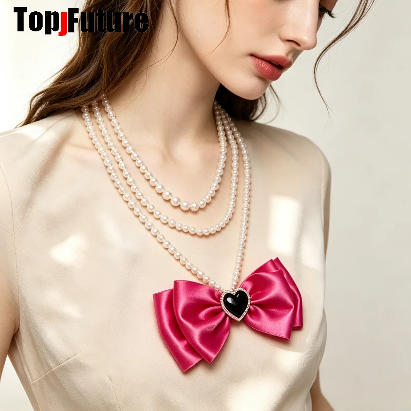 Mars Style Multi‑Layer Pearl Necklace Satin Big Bow Black Heart Rhinestone Choker Mars Aesthetic Sweet Cool Subculture