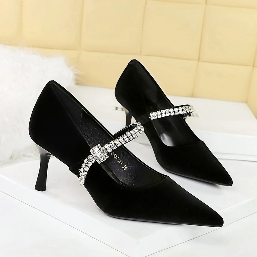 

BIGTREE Fashion High Heels Velvet Rhinestone Buckle Lady Women's Pumps Stiletto 7.5cm Prom Dress High Heeled Shoes Brown Black