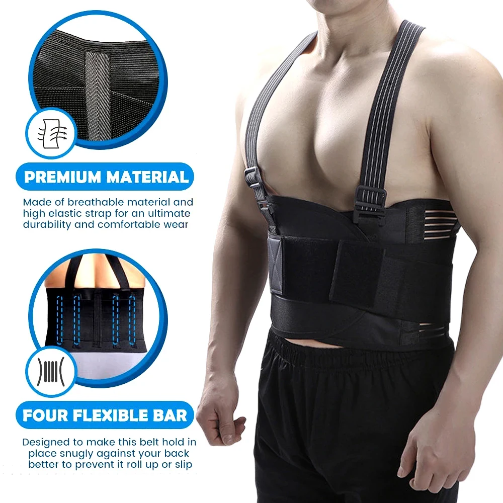 1PCS Work Back Brace for Men & Women - Adjustable Lumbar Support Belt with Removable Suspenders for Heavy Lifting, Construction