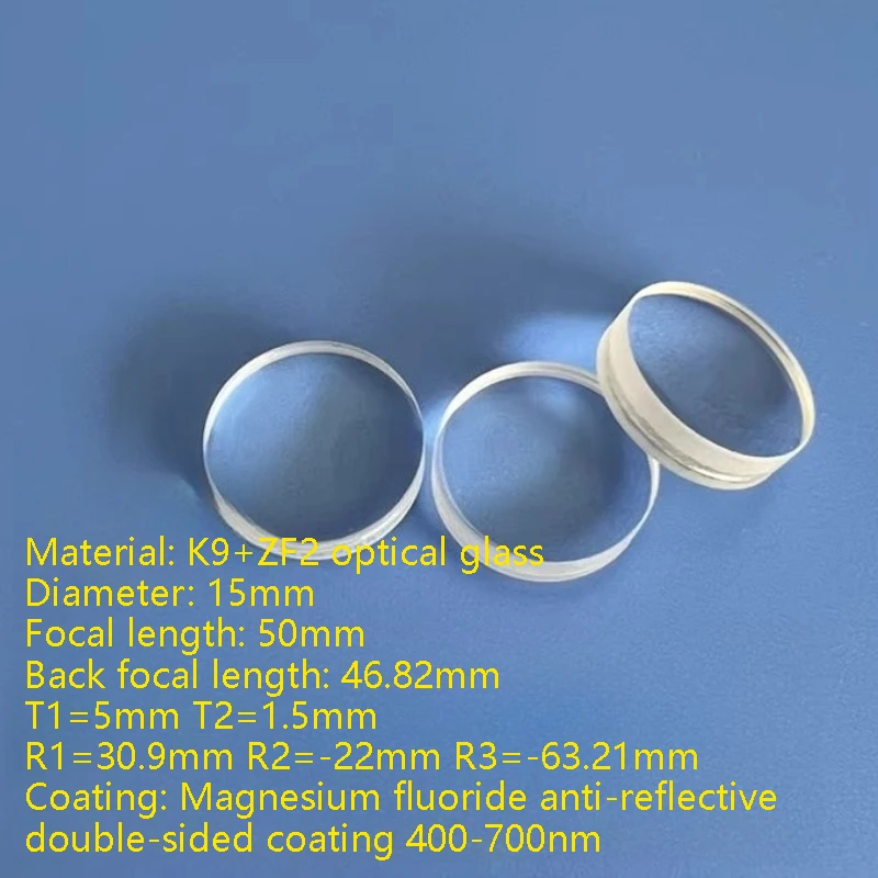 

Диаметр 15 мм Мини двусторонняя линза с фокусным расстоянием 50 мм Ахроматическая линза K9 + ZF2 Оптическое стекло Двустороннее антибликовое покрытие