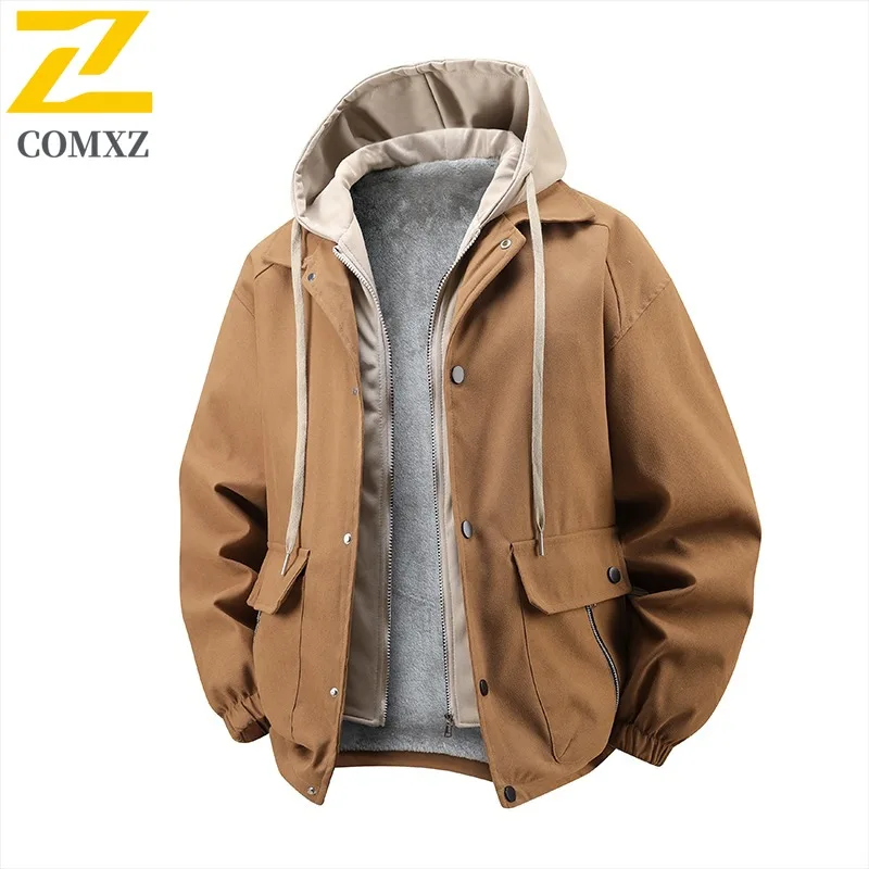COMXZ 2025 Winter New Trendy Casual Men Jacket Windproof Waterproof Fleece Lined Thickened Outerwear Street Style Daily Wear