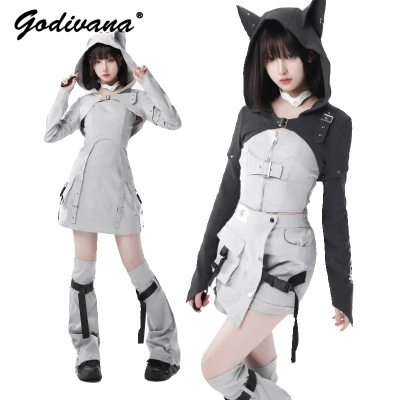 Original Design Girl Women\'s Wolf Ear Hooded Removable Sleeve Short Top Vest and Spaghetti Strap Dress Fashion Dress Suit