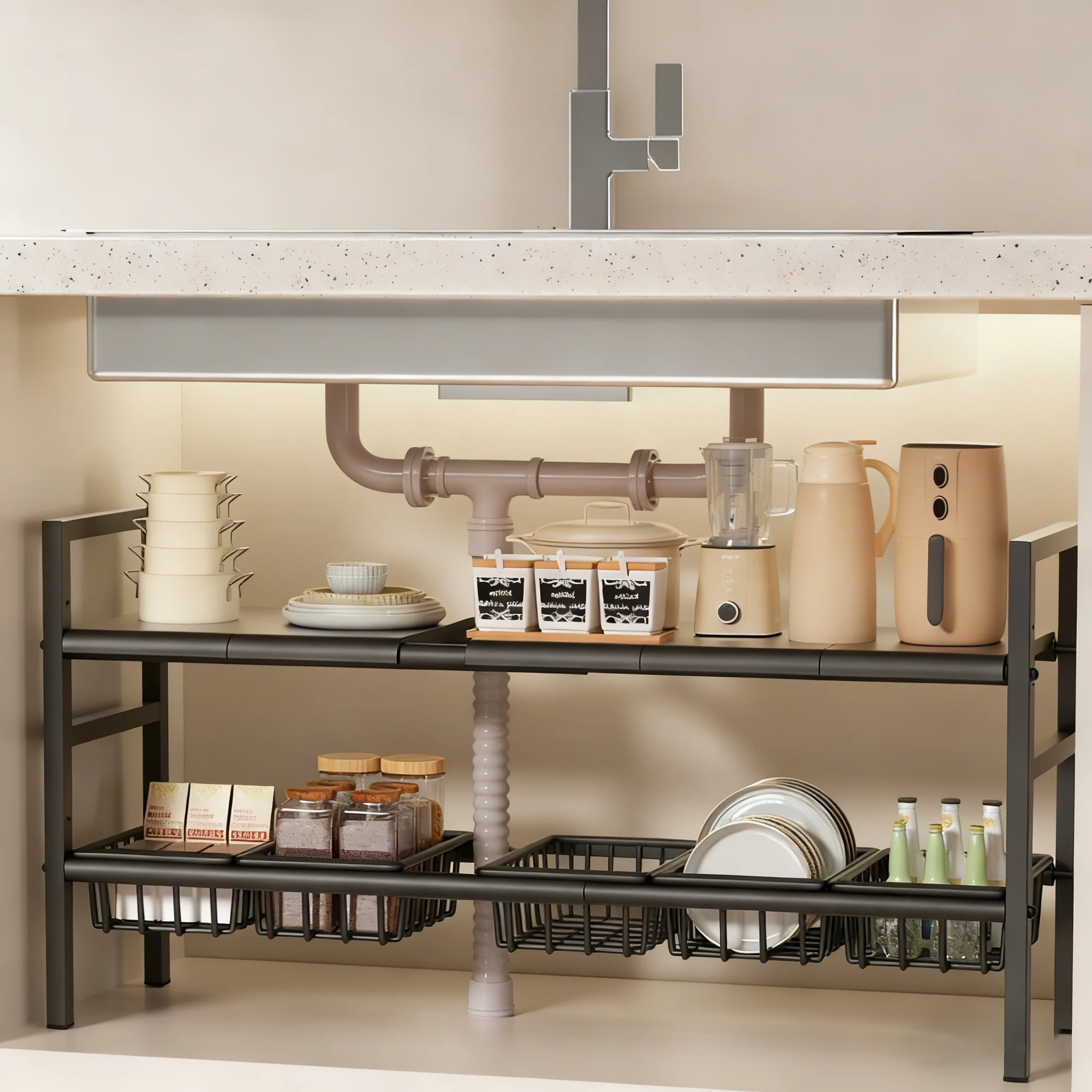Under-Sink Kitchen Storage Rack/Shelf, Extendable, Single/Double Layer Storage Solution, Made of Steel, Perfect for Kitchen Use, Ideal for Laundry Rooms, under the Sink, Maximizes Space, Easily Stores Various Bottles and Spices, Simple Modern Style