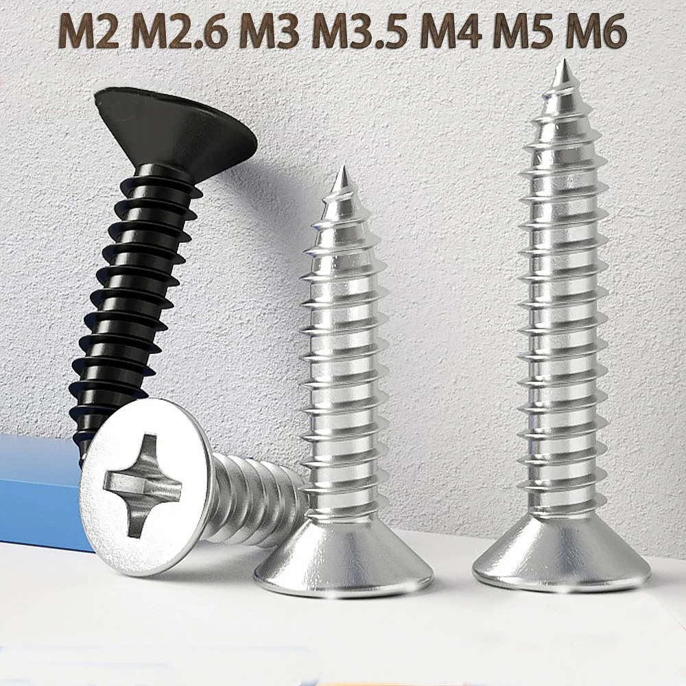 Flat Head Cross Self-Tapping Screw M2 M3 M4 M5 M6 Black 304 Stainless Steel Furniture Screw for DIY Engineering Electronic Prod