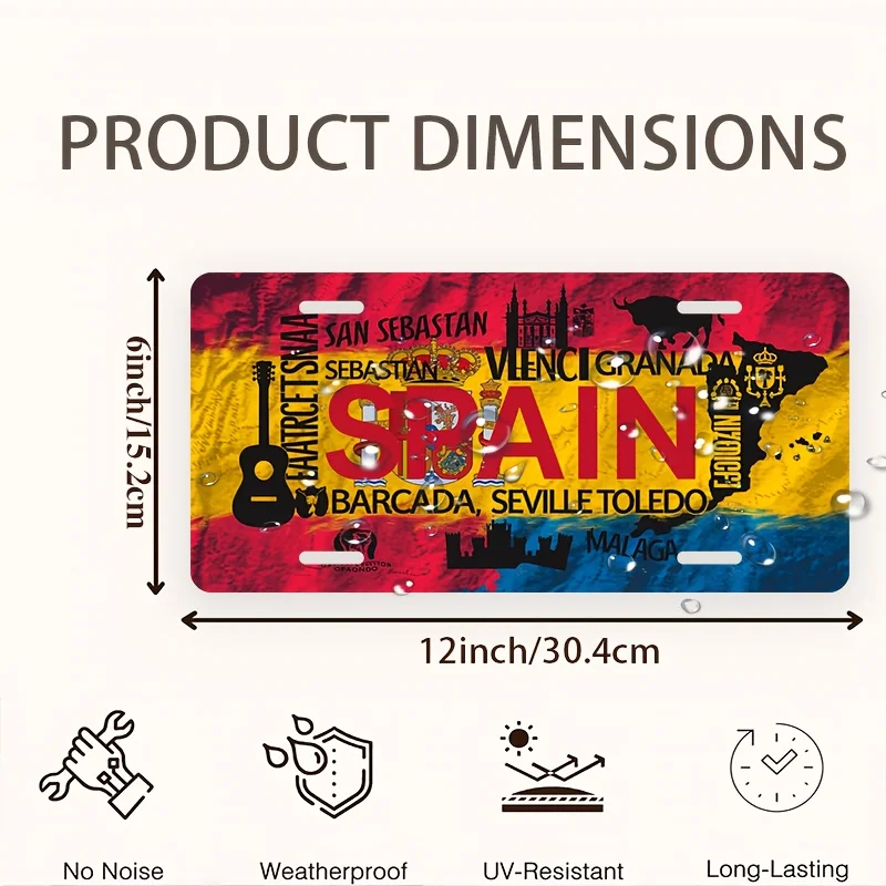 Vintage Spanish-Themed Metal Wall Art License Plate Sign - es, Colorful Illustrations of Barcelona, Seville, Toledo, Granada, a