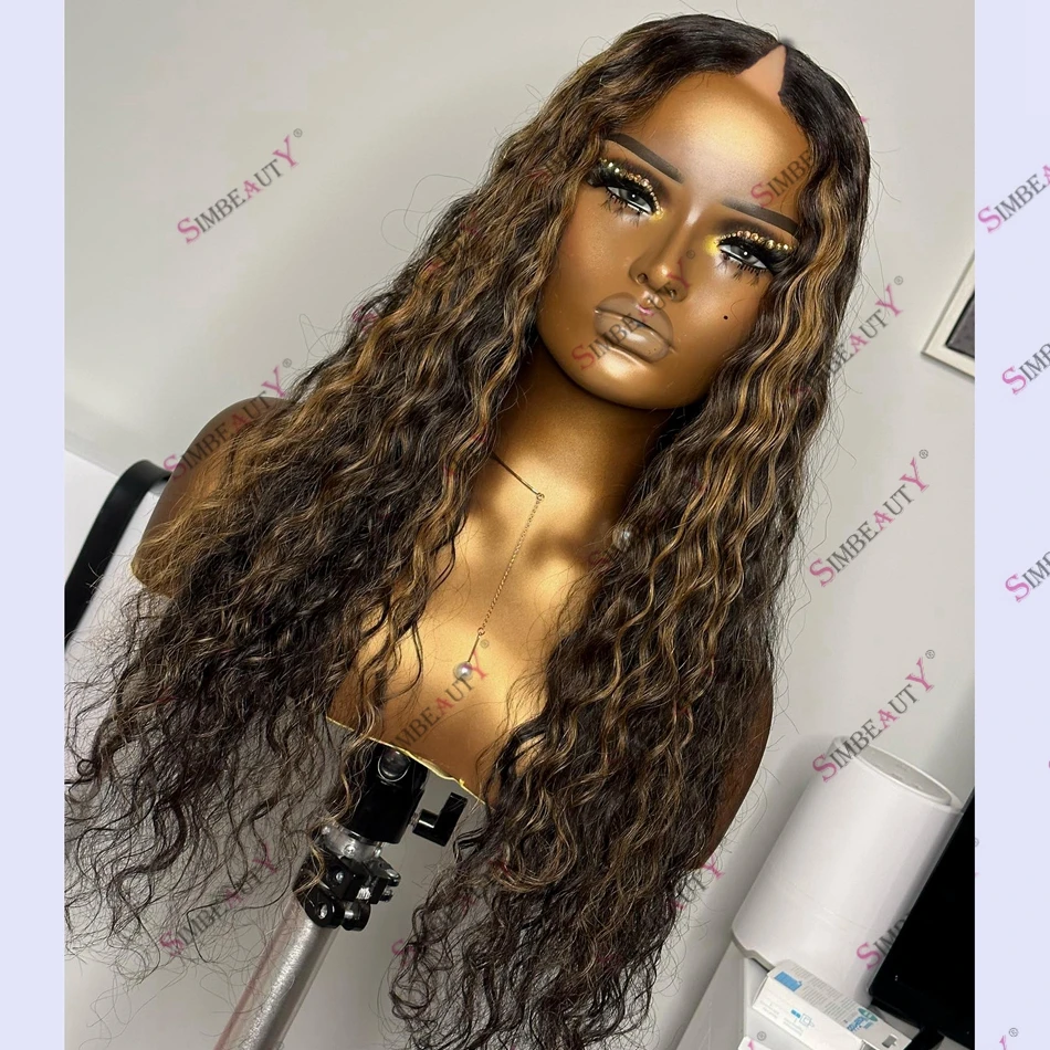 

Honey Blonde Loose Curly Highlight Human Hair V Part Wig for Black Women Water Wave Right/Left Side Part V Part Wigs Easy Wear