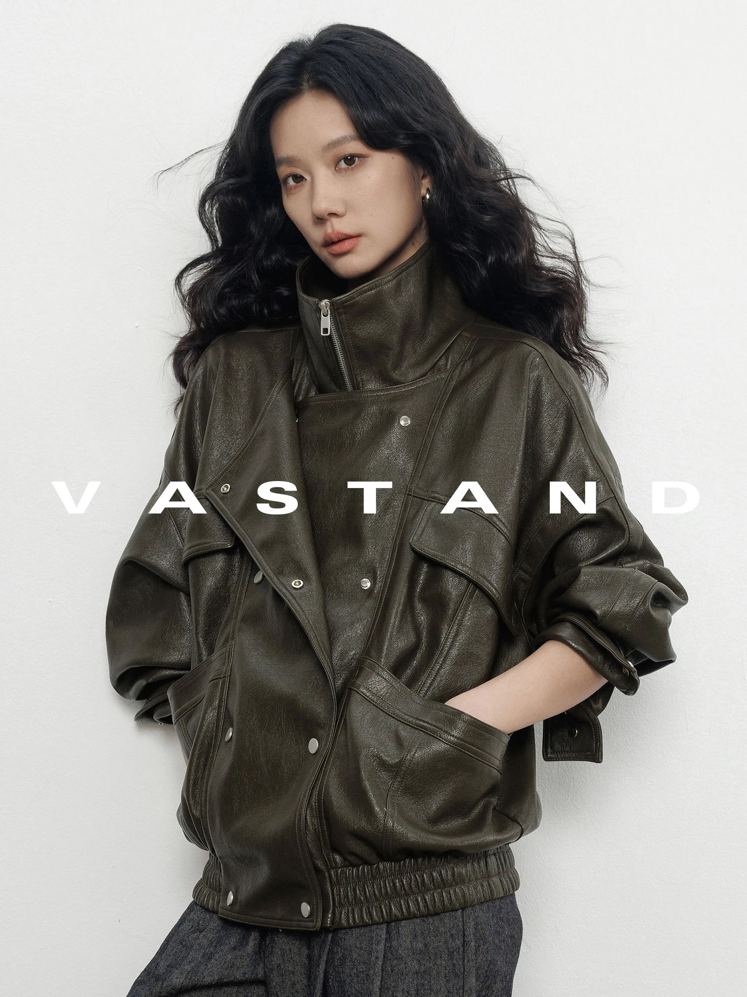 Vastand Autumn Winter Double Layer High Collar Biker Style PU Leather Jacket Unique Design Sense Outerwear Women's Fashion