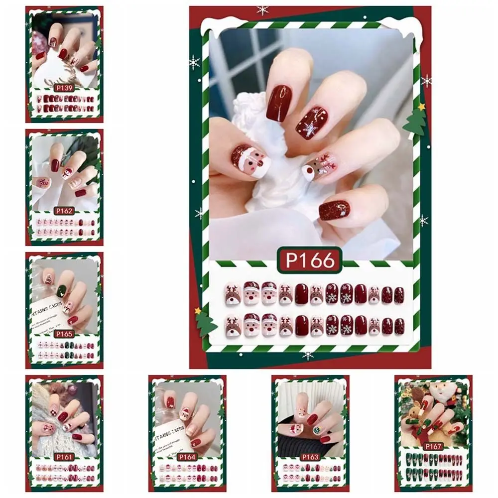 24Pcs/set Christmas Snowflake Christmas False Nails Nail Supplies Elk Pattern Christmas Fake Nails Short Long Shaped