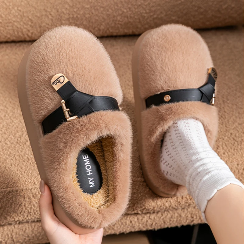 

Winter Cotton Slippers Women Flurry Line Indoor Silent Warm Trendy Home Slippers EVA Anti slip Sole Plush Slides with Buckles