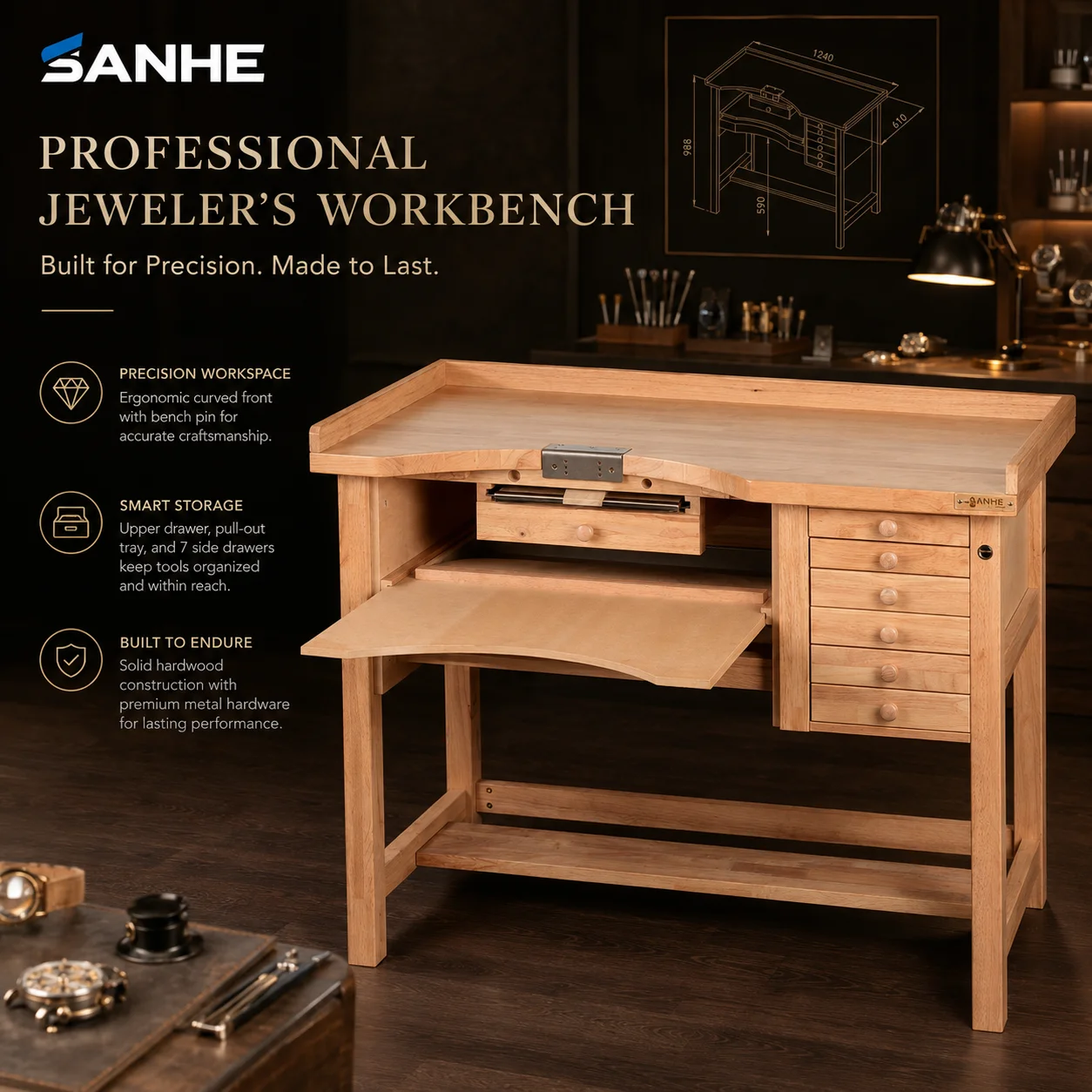 Solid Wood Workbench with Drawers for Jewelry Arts Crafts or Tool Storage Durable Core Components with Bearing