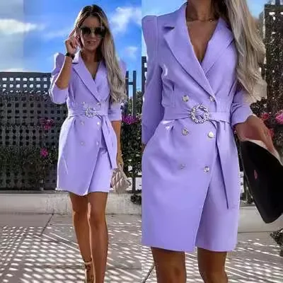 2024 Autumn Slim Blazer Dress Women Elegant Double Breasted Office Lady New Casual Button Belt Mini Dresses Solid Party