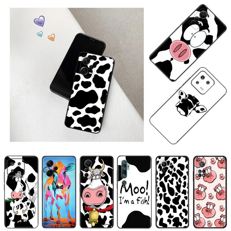 Simple White Black Cow Phone Case for Xiaomi 12 Pro 12x 12t 13 Redmi Note13 13c 12s 12c Note12 Lite Soft Shell Black Cases Cover