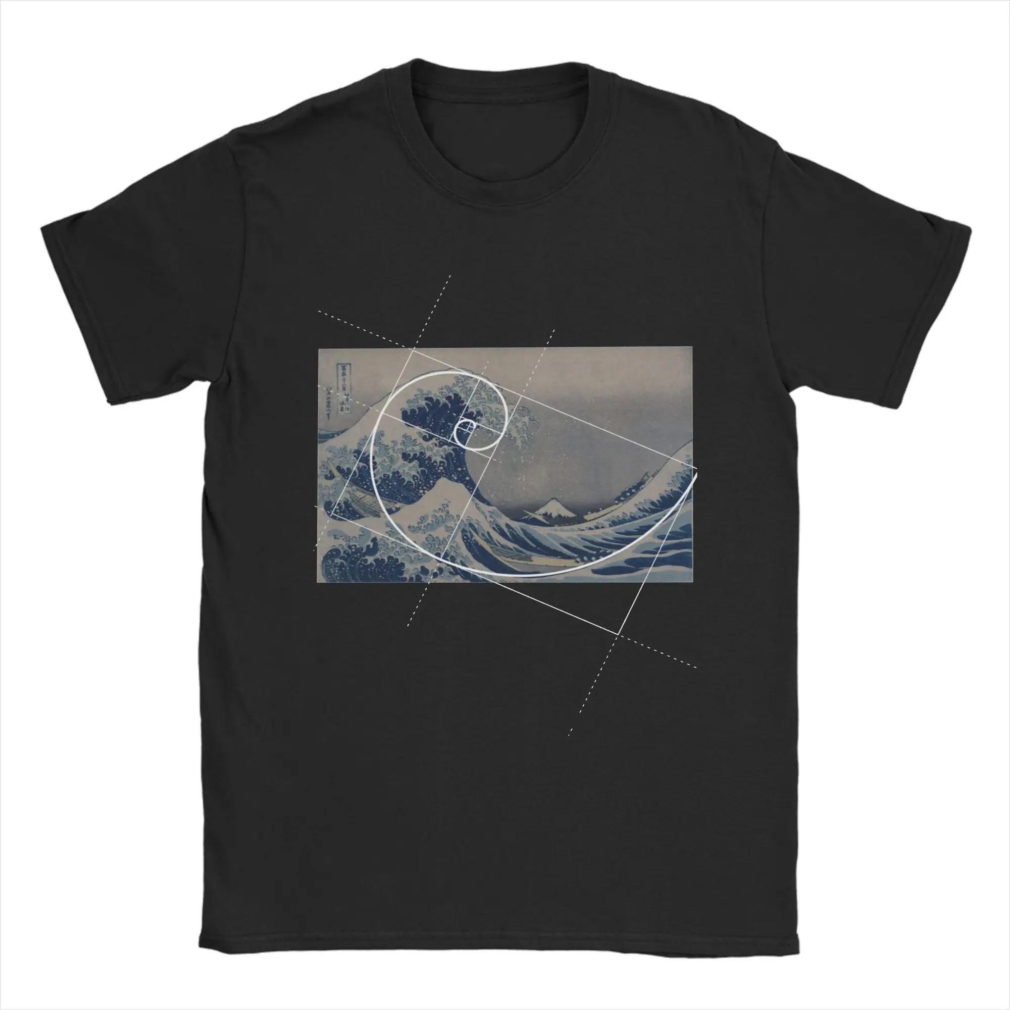 Vintage Hokusai Meets Fibonacci Sequence Tshirts Men Short Sleeve Tops Golden Ratio Math Technical Geek Cotton Summer Top Tee