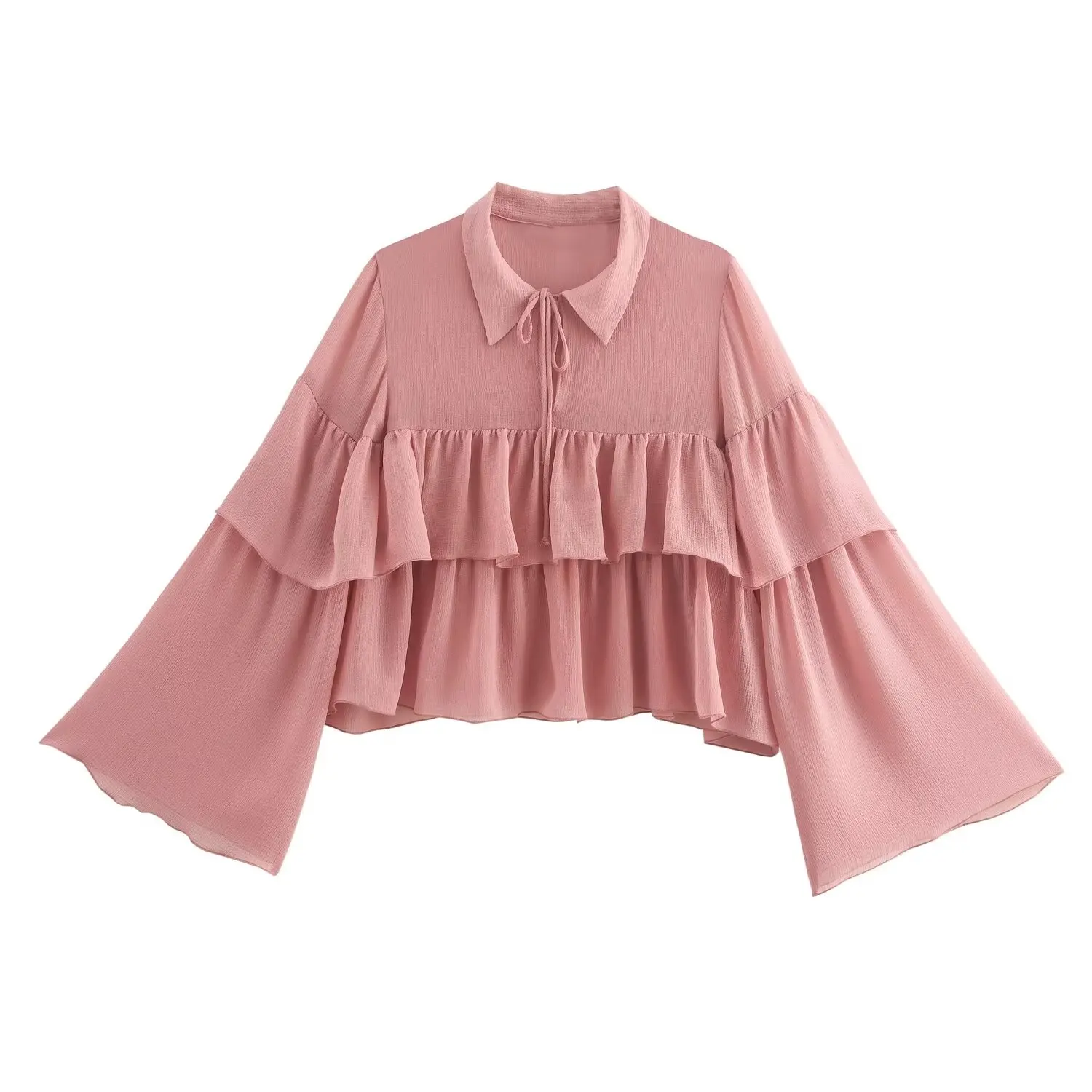 French Sweet Ruffled Shirt for Women Long-Sleeved Top Gentle Wind Short Commuter Temperament Pink New