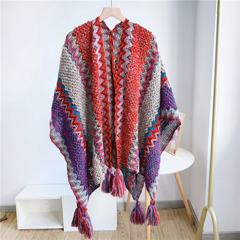Vintage Harajuku Knitted Blanket Shawls Scarfs Women\'s Warm Shawl Wraps Fringe Cape Winter Cardigan Sweaters Open Front Ponchos