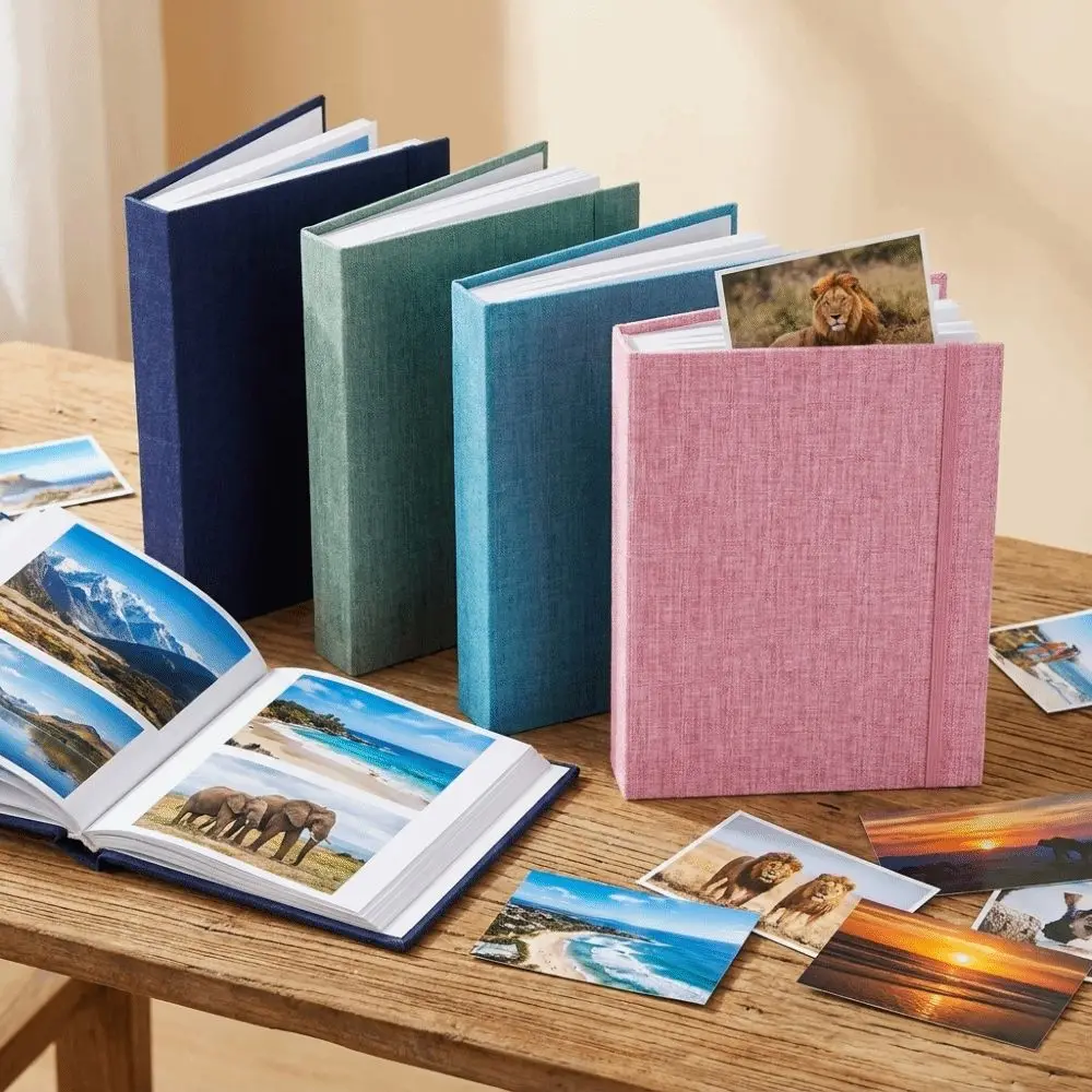 Slip-In Pages Photo Album Elastic Band Closure Linen Cover Memory Album Vintage Plastic Slip-In Pockets Picture Album
