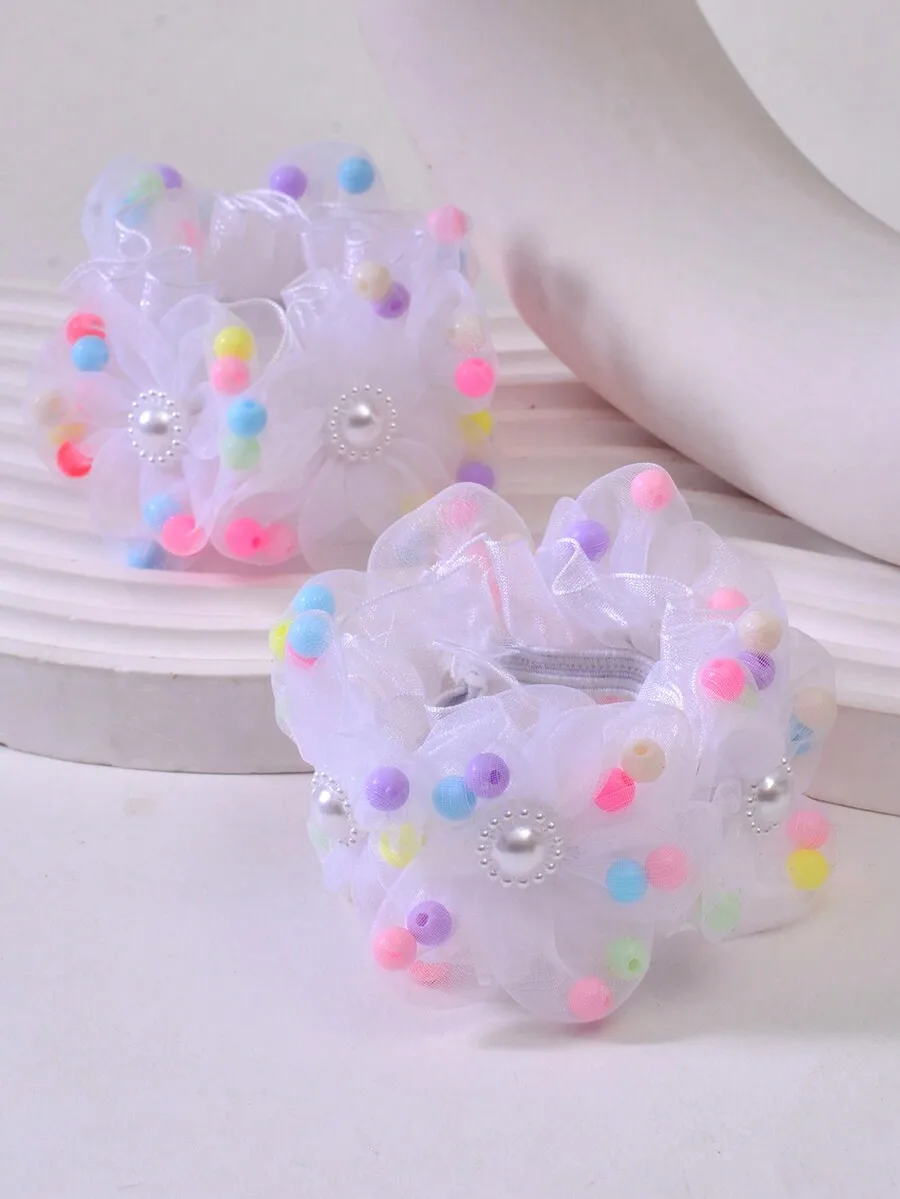 

2pcs Sheer Organza Flower Hair Ties Adorned With Multicolor Beads And Faux Pearl Centers For Bun Or Ponytail Styling