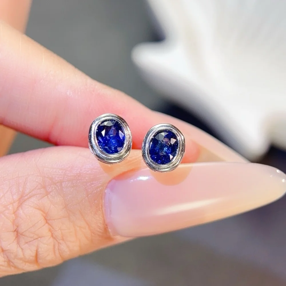 S925 4×5mm Sterling Silver Natural Sapphire Earring for Women Fashion Healing Jewelry Stylish Accessory Sweet Gift 1 Pair