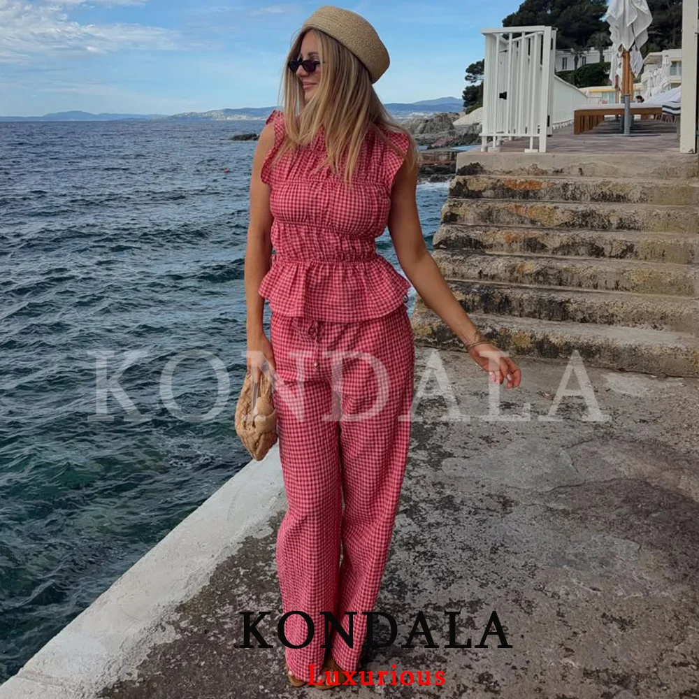 KONDALA Urlaub Damen-Hosenanzug Kariert Ärmellos O-Ausschnitt Elastisches Oberteil Lange Strohstoffhose Mode 2026 Sommer Strand Urlaubsanzüge