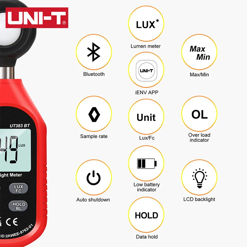UNI-T-minimedidor de luz UT383BT, Luxmeter Digital con Bluetooth, equipo de prueba ambiental Lux FC, iluminómetro de mano