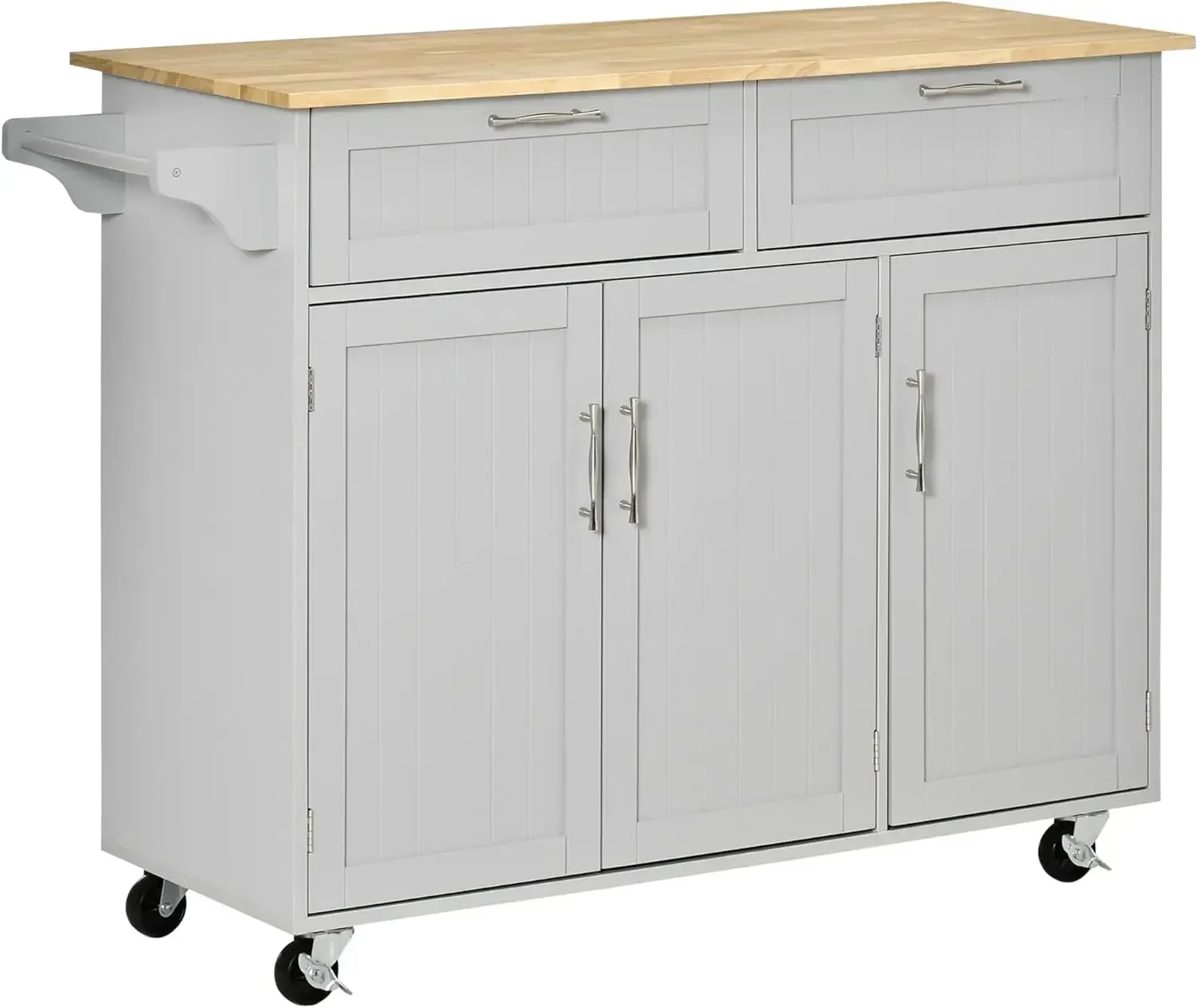 Kitchen Cart with Wood Top, Storage Drawers, 3-Door Cabinets, Adjustable Shelves and Towel Rack, Gray